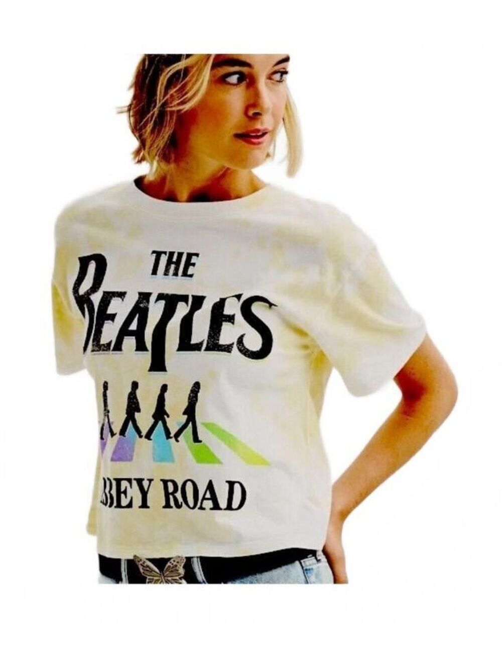 The Beatles Abbey Road Women’s Yellow Tie Dye Rainbow Crop T-Shirt Size Large